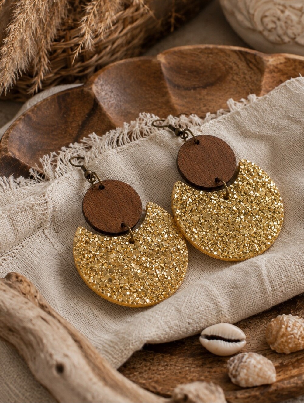 Gold Glitter Wood Crescent Dangle Earrings Boho Coastal Statement 2.8"